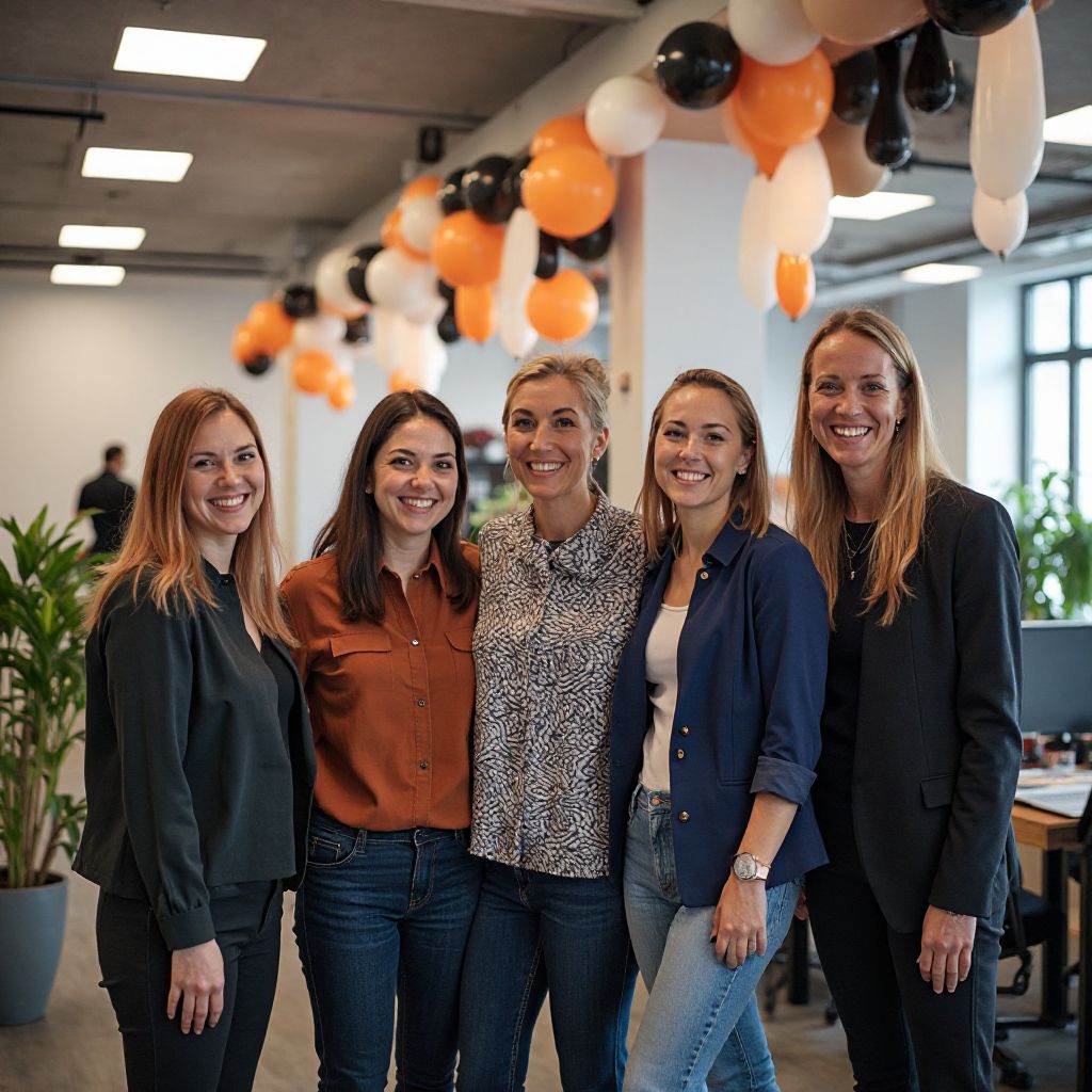 BrightSide Events team celebrating successful party planning milestone in modern Canadian office