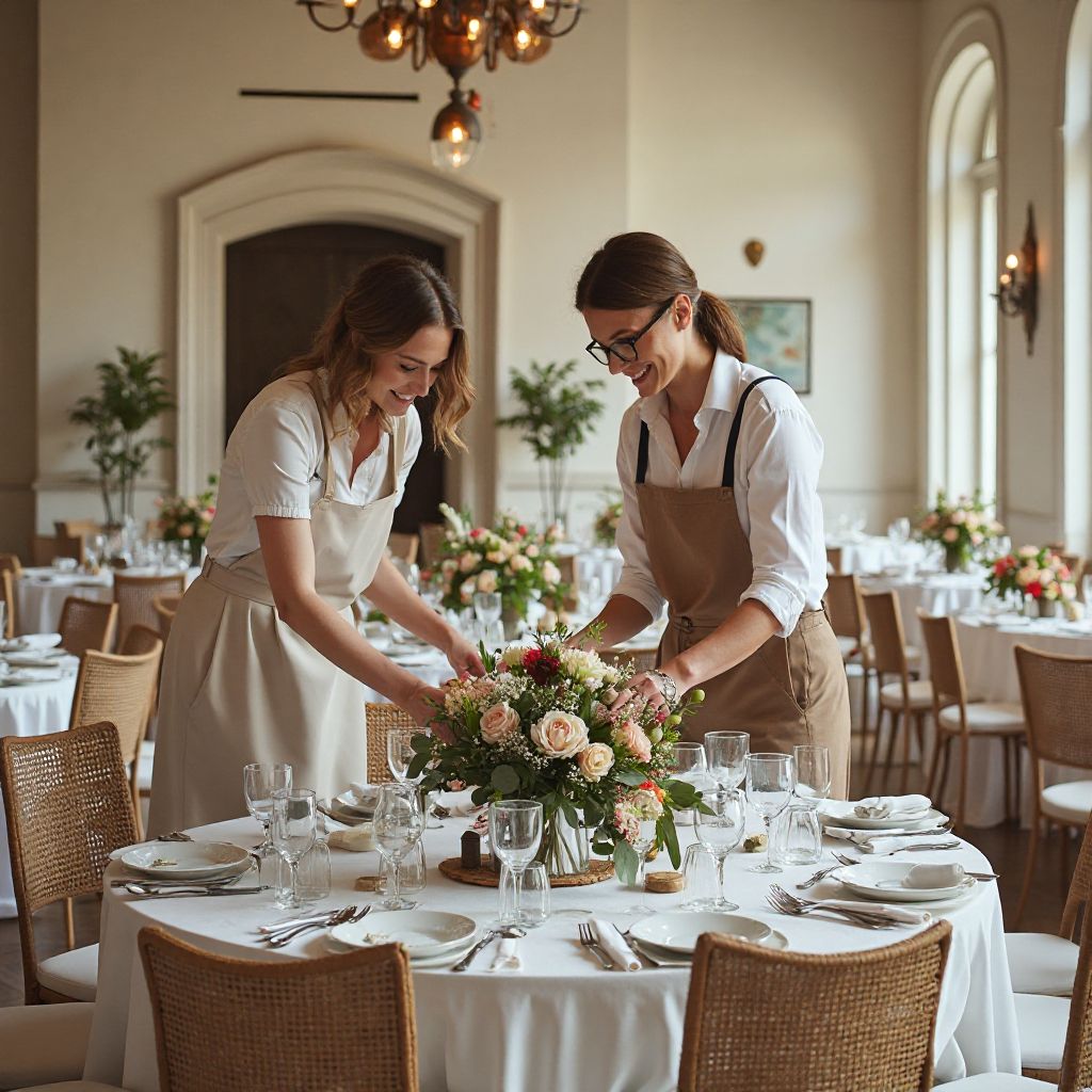 BrightSide Events team setting up elegant wedding venue with sustainable decorations