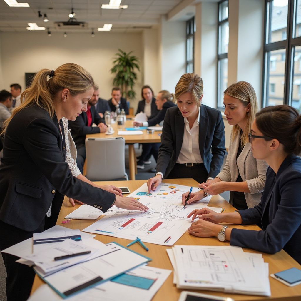 Creative brainstorming session for corporate anniversary event planning in modern office