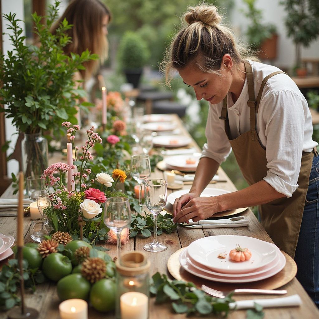 Sustainable eco-friendly party decorations and floral arrangements being prepared