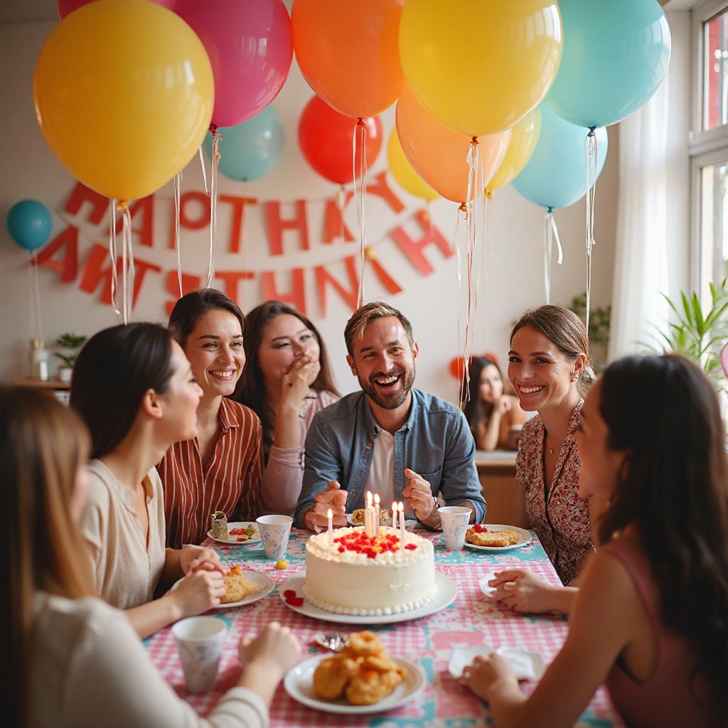 Vibrant birthday party with colorful decorations and entertainment