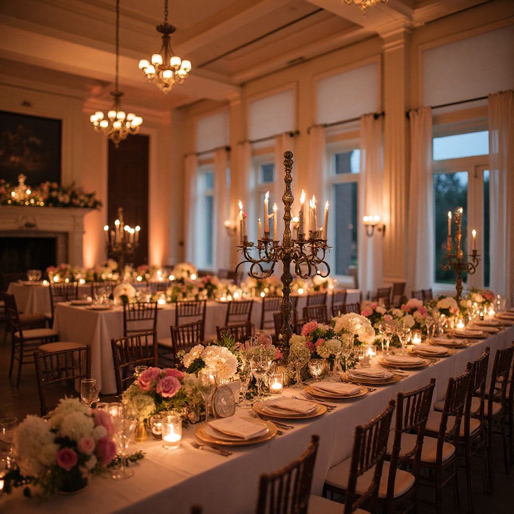 Elegant wedding reception with beautiful lighting and decorations