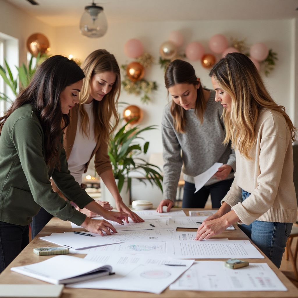 Professional event planning team discussing party arrangements